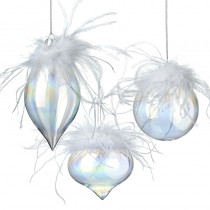 Glass Bauble Mix W/White Feathers