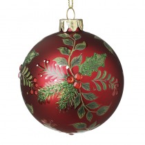 Red Glass Holly Design Bauble Sml