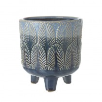 Dark Blue Leaf Pattern Pot With Legs