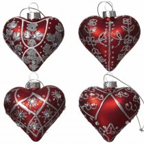 Red & Silver Glass Heart Baubles Set