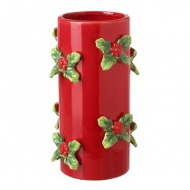 Red Ceramic Pot With Holly Leaves