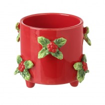 Small Red Ceramic Pot With Holly