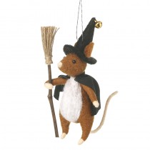 Black Felt Witch Mouse With Broom Decor